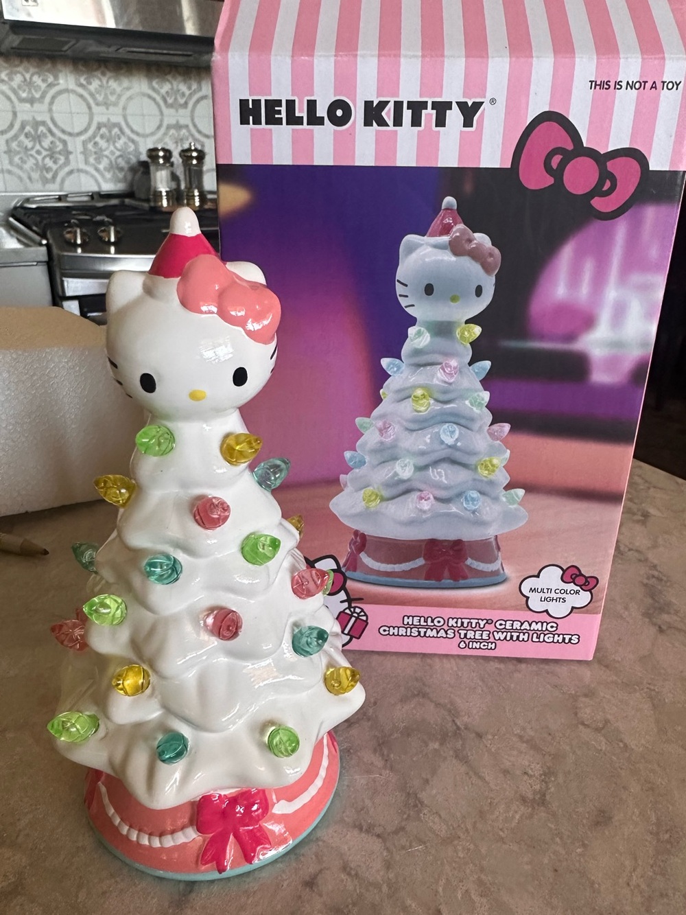 Hello Kitty Ceramic Christmas Tree with Multi-Color Lights - White & Pink